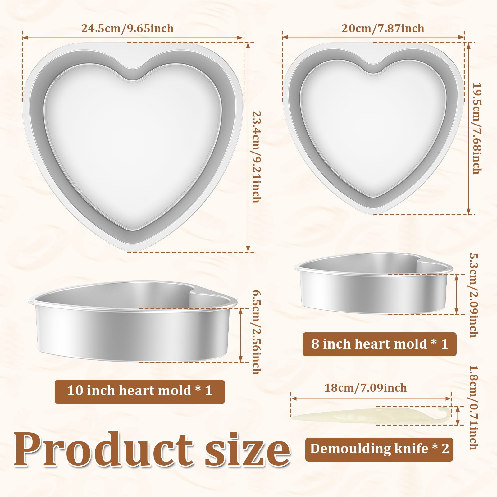 2 Pcs Heart Cake Pan with Removable Bottom 8inch + 10inch Aluminum Alloy Heart Shaped Cake Pan for Baking with 2 Release Knives