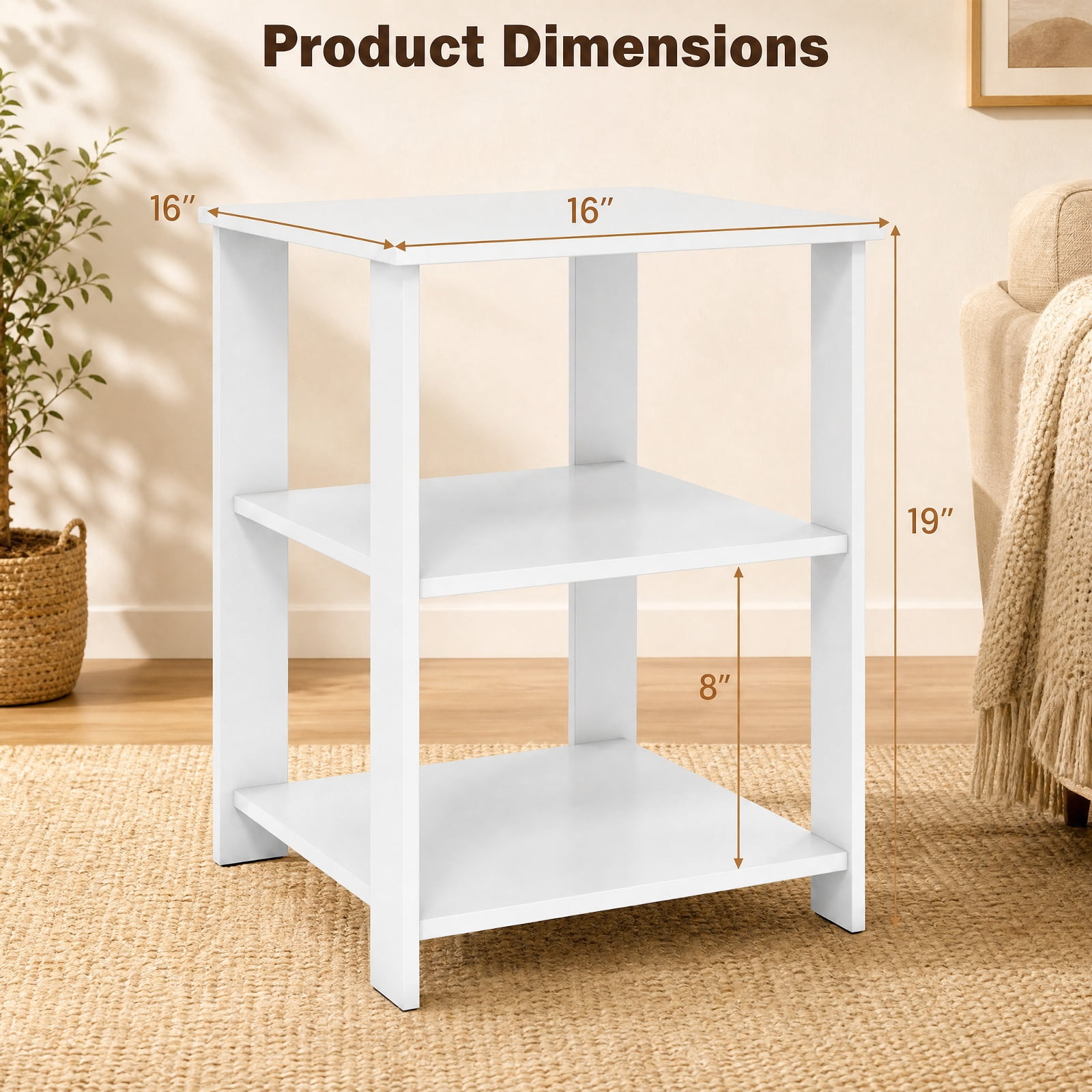 Furnibear 3 Tier Square Nightstands Set of 2 with Open Storage Shelves Bedside Side Tables for Bedroom Living Room, White