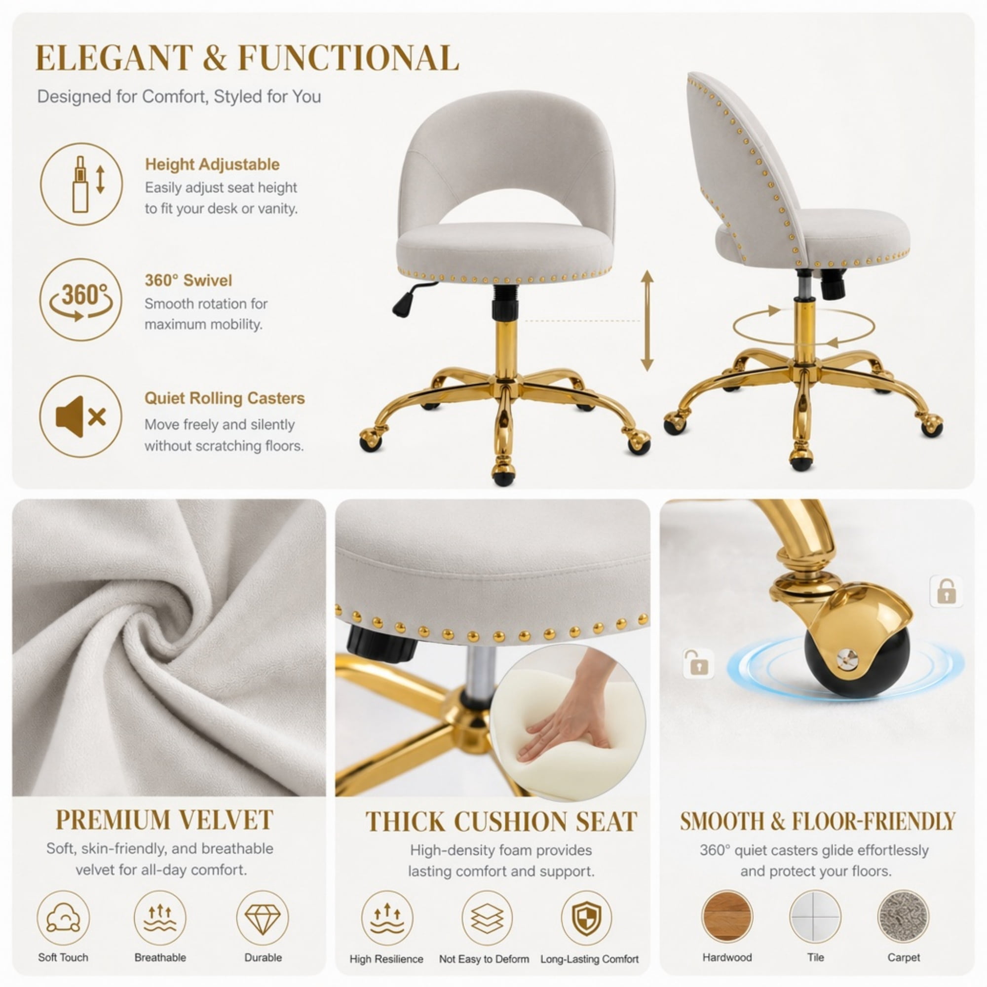 Ktaxon Office Desk Chair Adjustable Flannel Computer Task Chair Small Rolling Vanity Stool with Wheels for Study Make-up Dressing Gray