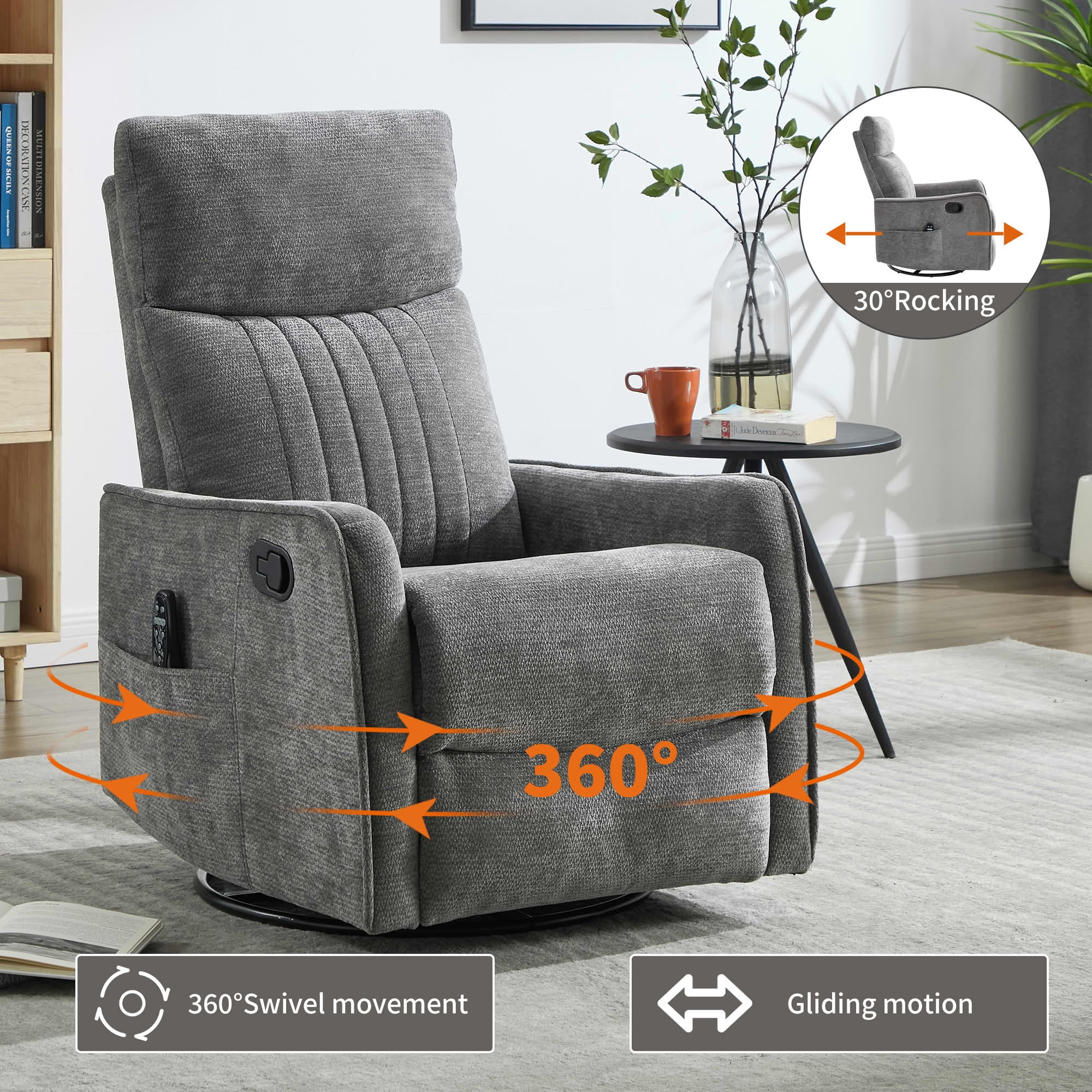 MAYEERTY Dark Grey Chenille Heat Massage Recliner Chair, 360° Swivel Rocker for Living Room