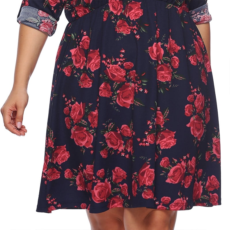 Women Plus Size Vintage Dress Floral Print Long Sleeve Zip Front 