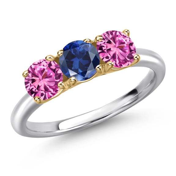 Gem Stone King 10K Two Tone Gold Blue Created Sapphire and Pink Created Sapphire Engagement Ring for Women | 1.70 Cttw | Round 5MM | Gemstone September Birthstone | Size 7
