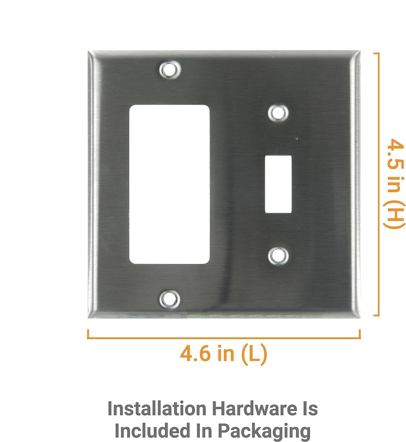 Diodesy- Pack of 12 E222S Single Toggle Rocker 2-Gang Light Switch Decorator Receptacle Combo Wall Plate, Steel Smooth Finish, Electrical Decorative Outlet Cover, Rounded Edges, UL Listed