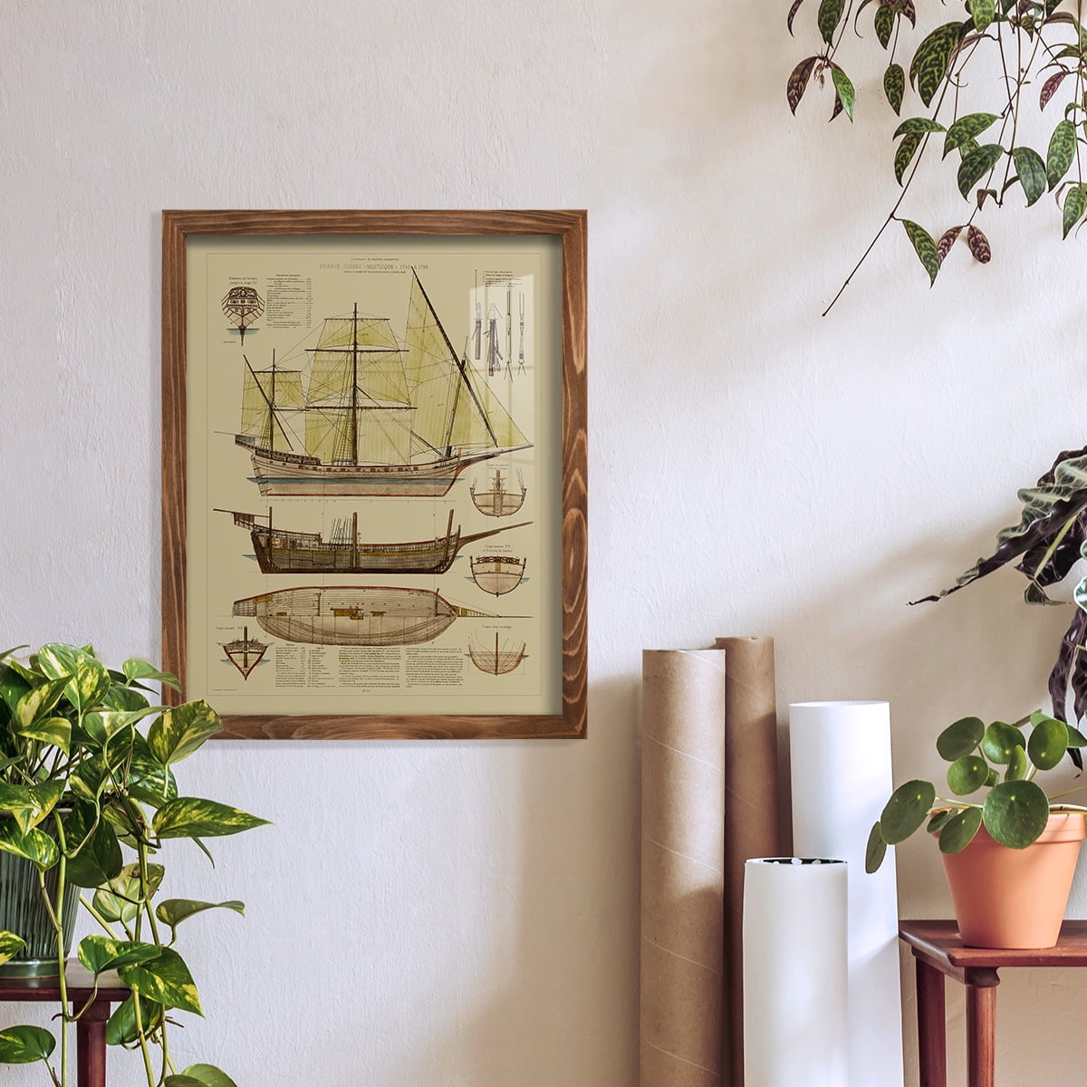 Antique Ship Plan II -Framed Print w/glass-Walnut