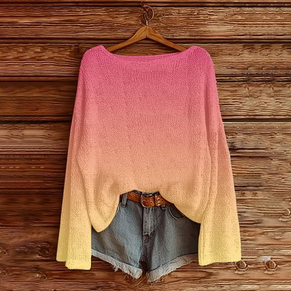 Guieoi Womens Tops Plus Size Women's Winter Bohemian Printed Long Sleeved Round Neck Oversized Sweater Pullover Pink