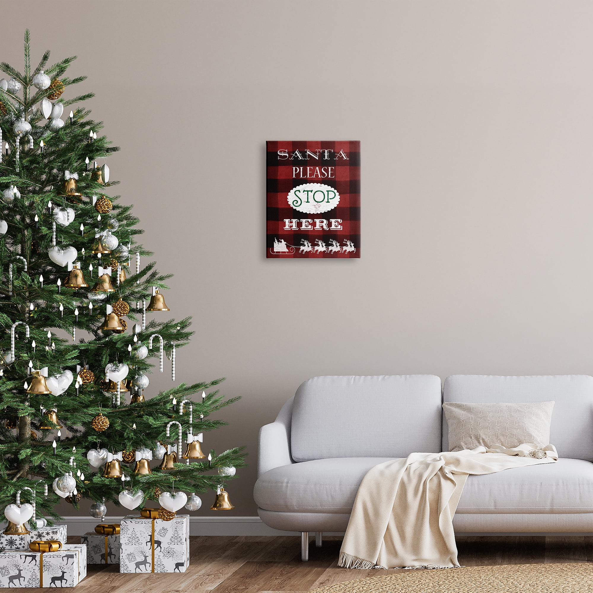 Stupell Industries Santa Stop Here Plaid Holiday Painting Gallery Wrapped Canvas Print Wall Art, 16 x 20