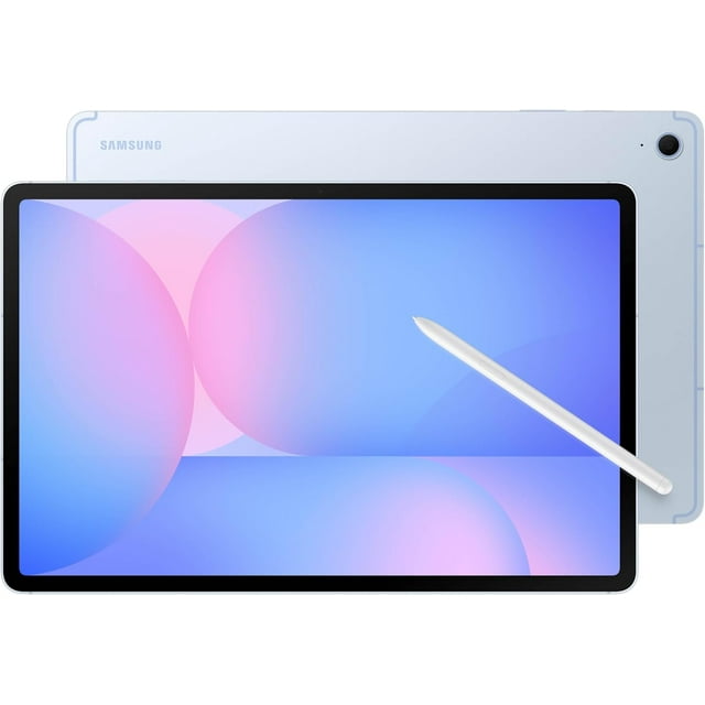 samsung galaxy tab s10 fe+ plus 128gb pantalla de 13,1" con s pen/nueva versión internacional tablet android (x620) Versión internacional Samsung Galaxy Tab S10 FE+ azul, vista frontal centrada de la pantalla inmersiva de 13.1" con biseles delgados y esquinas redondeadas; S Pen blanco apoyado en ángulo sobre la pantalla y vista posterior parcial que muestra la cámara trasera 13MP y el logo Samsung. Adecuada para streaming, dibujo con S Pen y edición de video; a menudo se usa también como control central para SmartThings en el hogar.