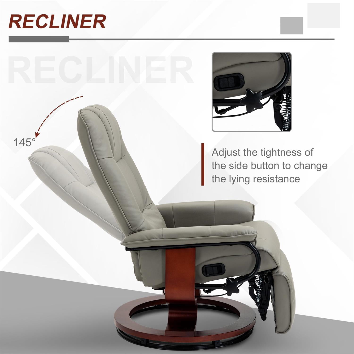 Domi Bonn Faux Leather Lounge Chair with Footrest and Armrest, Manual Swivel Recliner for Living Room, Bedroom, Gray