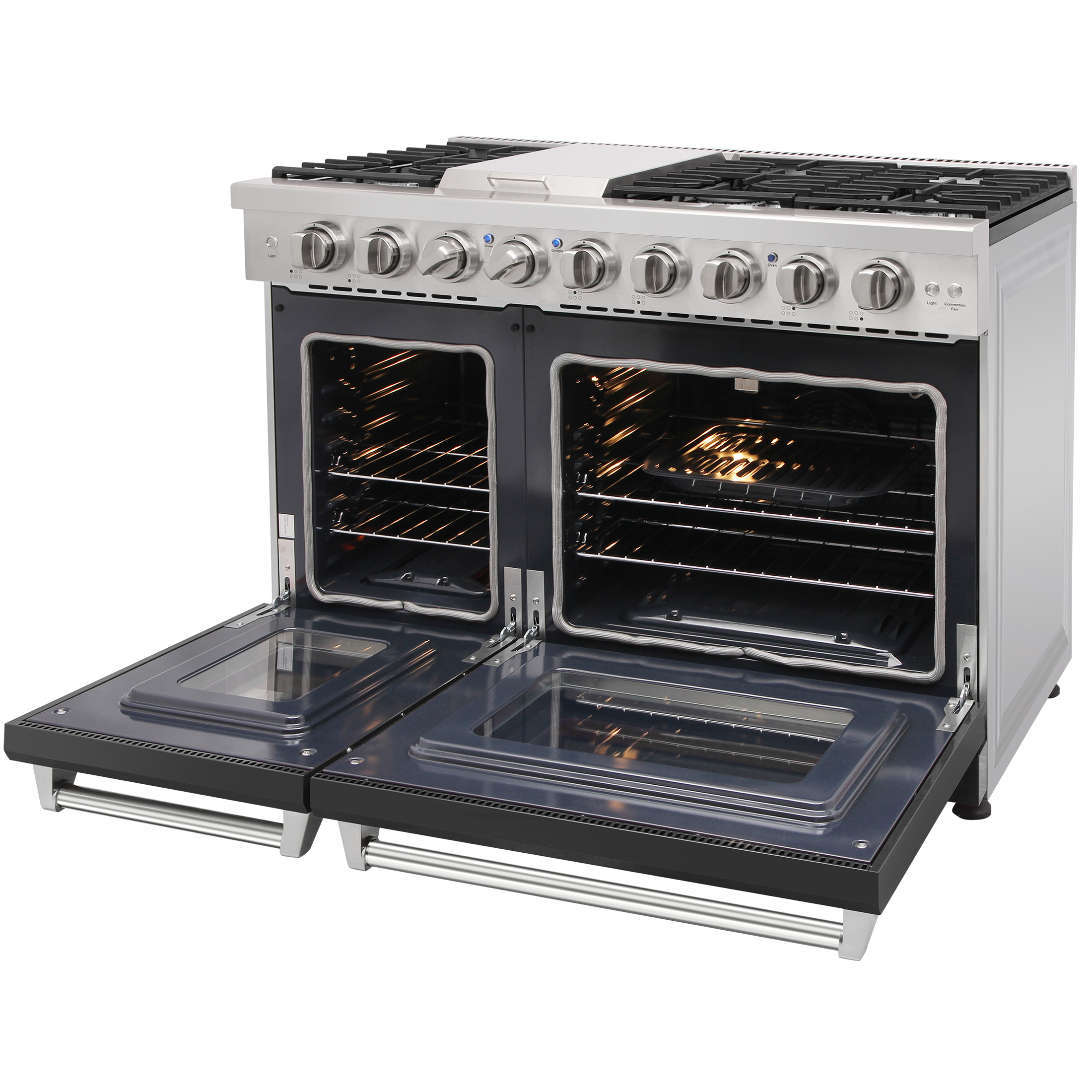 KOSTCH 48in Natural Gas Range with 6 Burners & 1 Griddle and Double Ovens, Stainless Steel in Black
