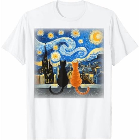 Greenink Cat Starry Night Van Gogh T-Shirt Gift for Cat Lover Mom & Dad Shirt Unisex Crewneck Short Sleeve Graphic Tees