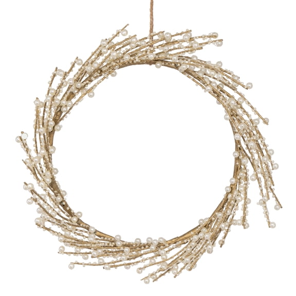 My Texas House Pearl Beaded Christmas Wreath, White and Gold, 12"