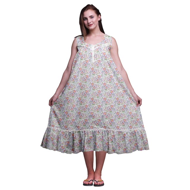 Bimba Robe de Nuit Mi-Mollet Blanche à Fleurs d'Anémone et de Lavande Bleue pour Femmes, en Coton Imprimé, Sans Manches, Maxi, Taille Très Grande