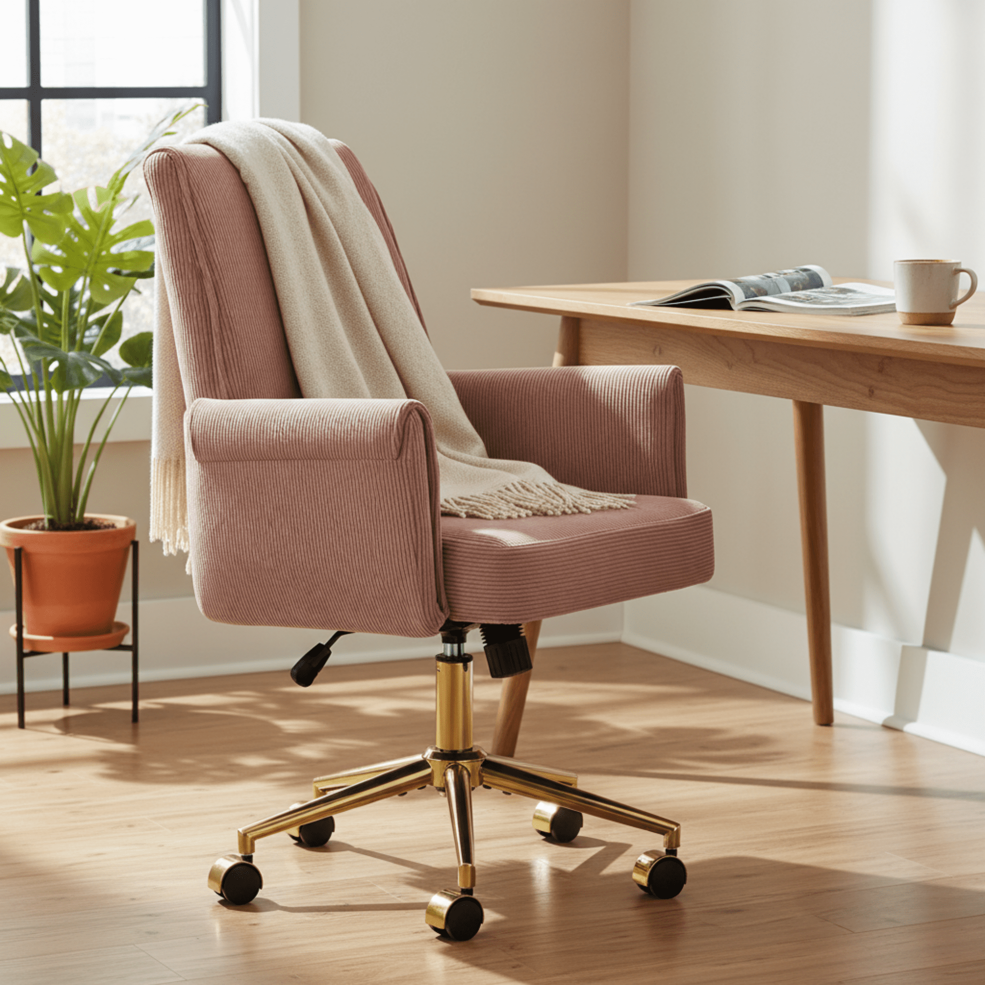 Gewnee 24.8''Office Chair,Memory Foam Seat Cushion with Waist Support,Adjustable Height,Golden Metal Base.Pink