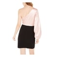 thumbnail image 2 of CITY STUDIO Womens Pink Satin Zippered Long Sleeve Asymmetrical Neckline Short Cocktail Sheath Dress 1, 2 of 4