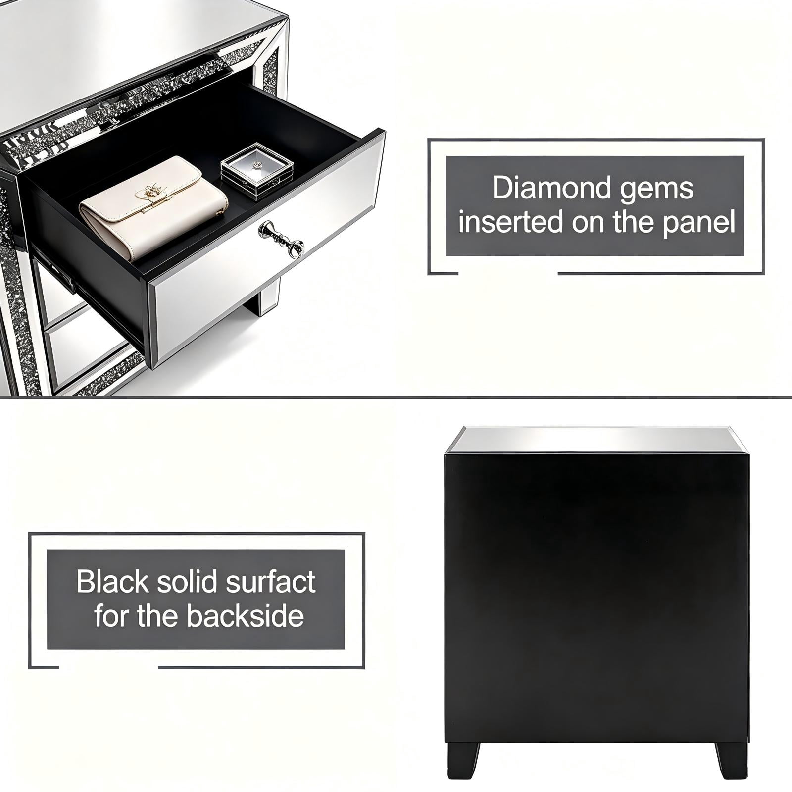 3-Drawer Mirrored Nightstand with Diamond Accents, MDF Bedside Table and Storage Cabinet, for Bedroom, Sofa Side, Entryway