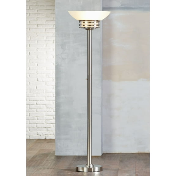 Possini Euro Design Light Blaster Art Deco Torchiere Floor Lamp 72 1/2" Tall Brushed Nickel LED Frosted Glass Bowl Shade for Living Room Bedroom House