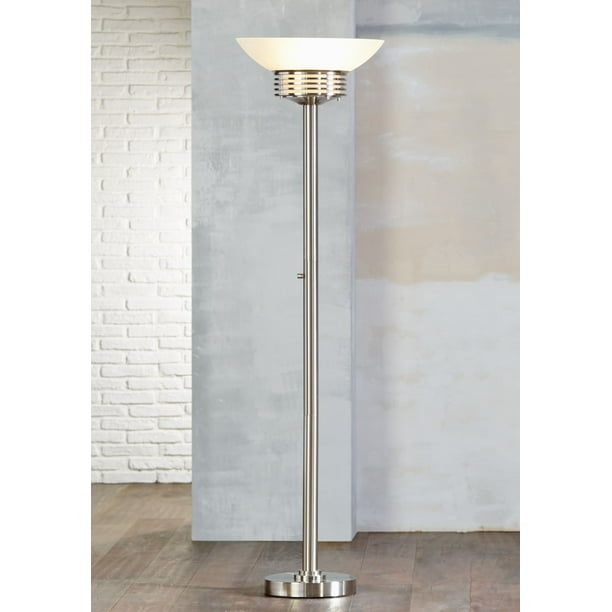 Possini Euro Design Art Deco Torchiere Floor Lamp Brushed Nickel Frosted Glass Bowl For Living Room Reading Bedroom Uplight Com Possini Euro Design Art Deco Torchiere, Polished Brass Torchiere Floor Lamp