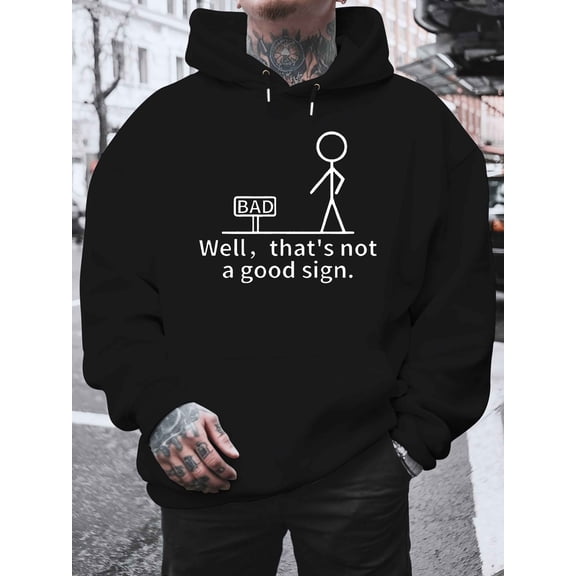 Men's Plus Size Funny "Well That's a Bad Sign" Hoodie - Cozy Plush Polyester Oversized Sweatshirt with BAD Graphic Print & Drawstring Hood, Casual Streetwear Winter Warmth, Humorous Statement Sweater