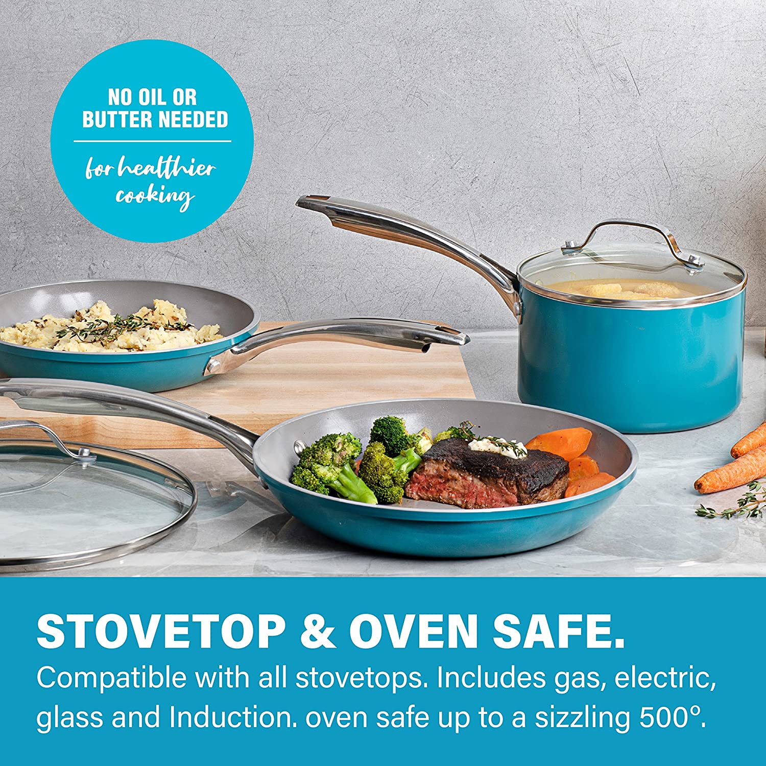Gotham Steel 3 Quart Nonstick Stock Pot with Tempered Glass Lid, Aqua Blue
