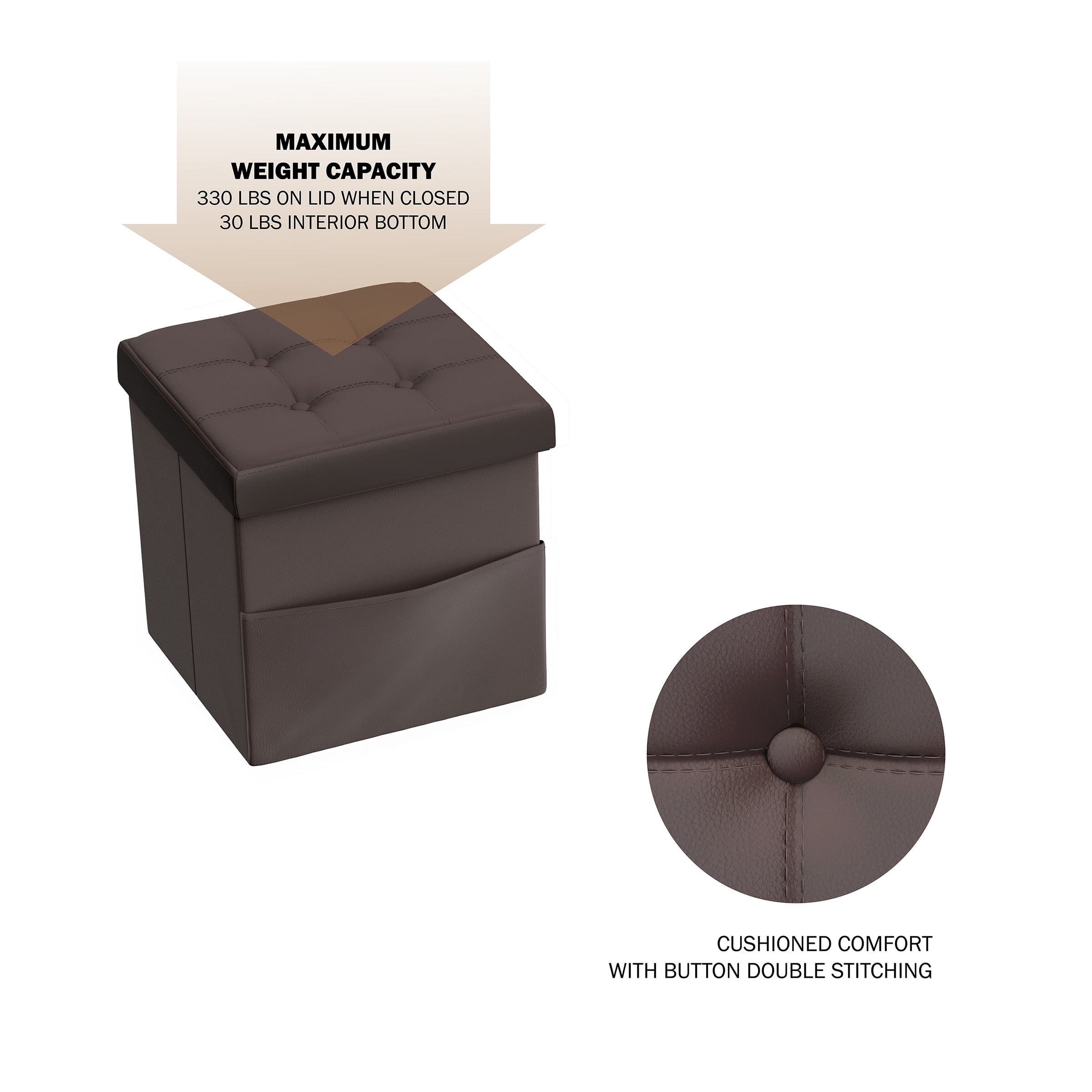 Lavish Home 15-inch Folding Tufted Faux Leather Storage Ottoman with Pocket (Brown)
