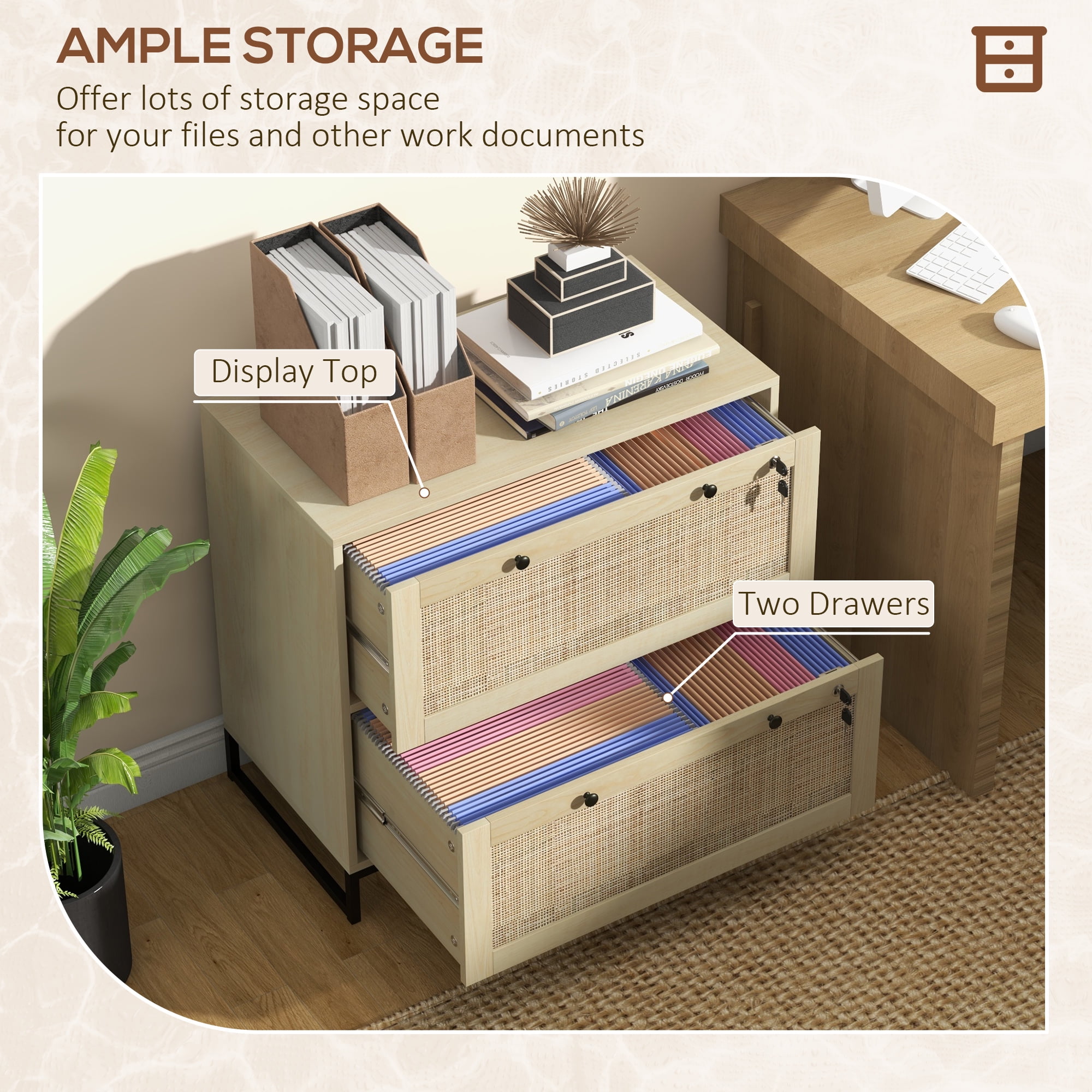 Vinsetto 2 Drawer File Cabinet with Lock, Vertical Filing Cabinet with Keys and Adjustable Hanging Bar for Letter, A4 and Legal Size, Natural