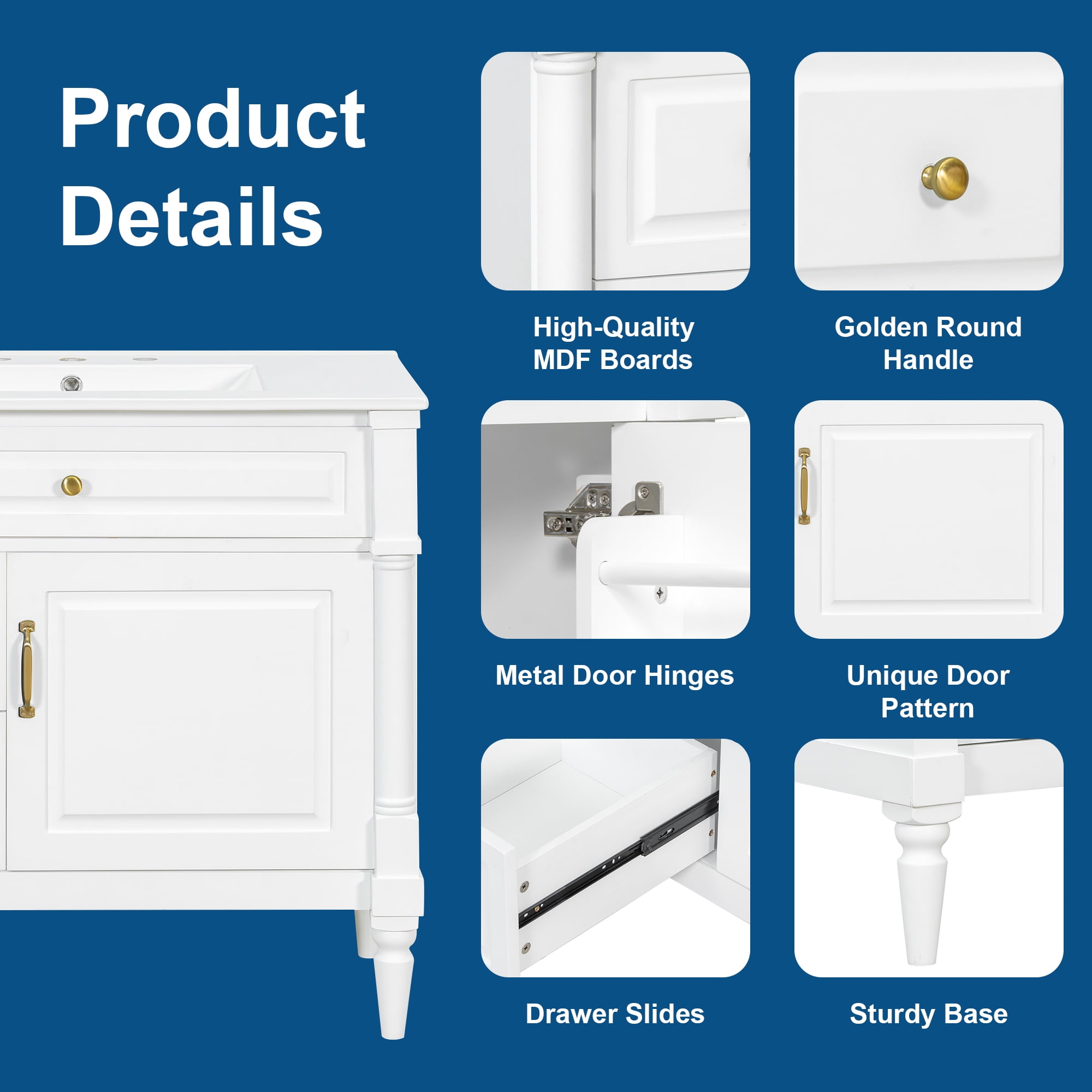 Alvantor 36" Bathroom Vanity with Ceramic Sink, Freestanding Storage Cabinet with Flip Drawers White