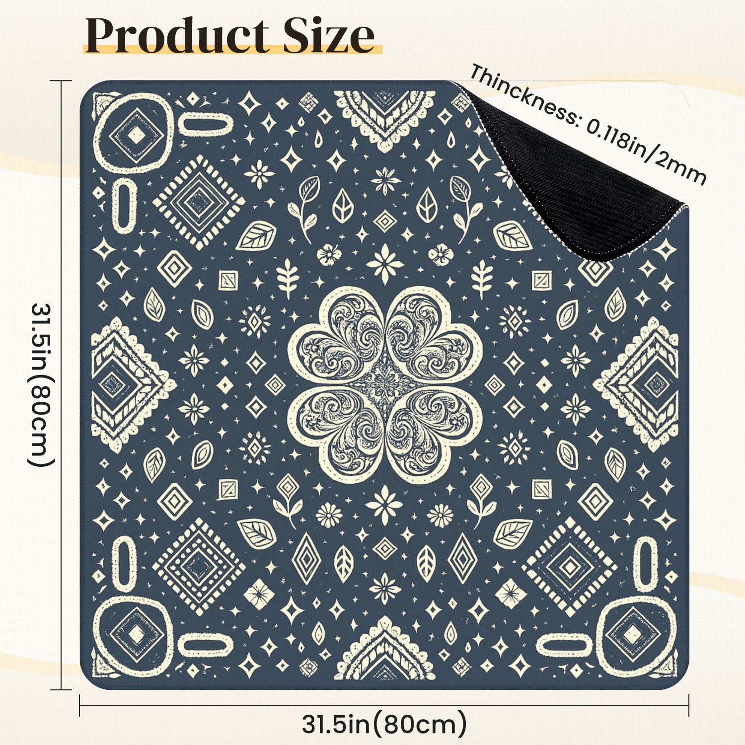 Mahjong Mat 31.5" x 31.5" Floral Geometric Ornate Swirls Leaves Dark Blue Anti-Slip and Noise Reduction Symmetry Design Mahjong Tiles Table Cover for Dominoes Poker Card Board and Tile Games