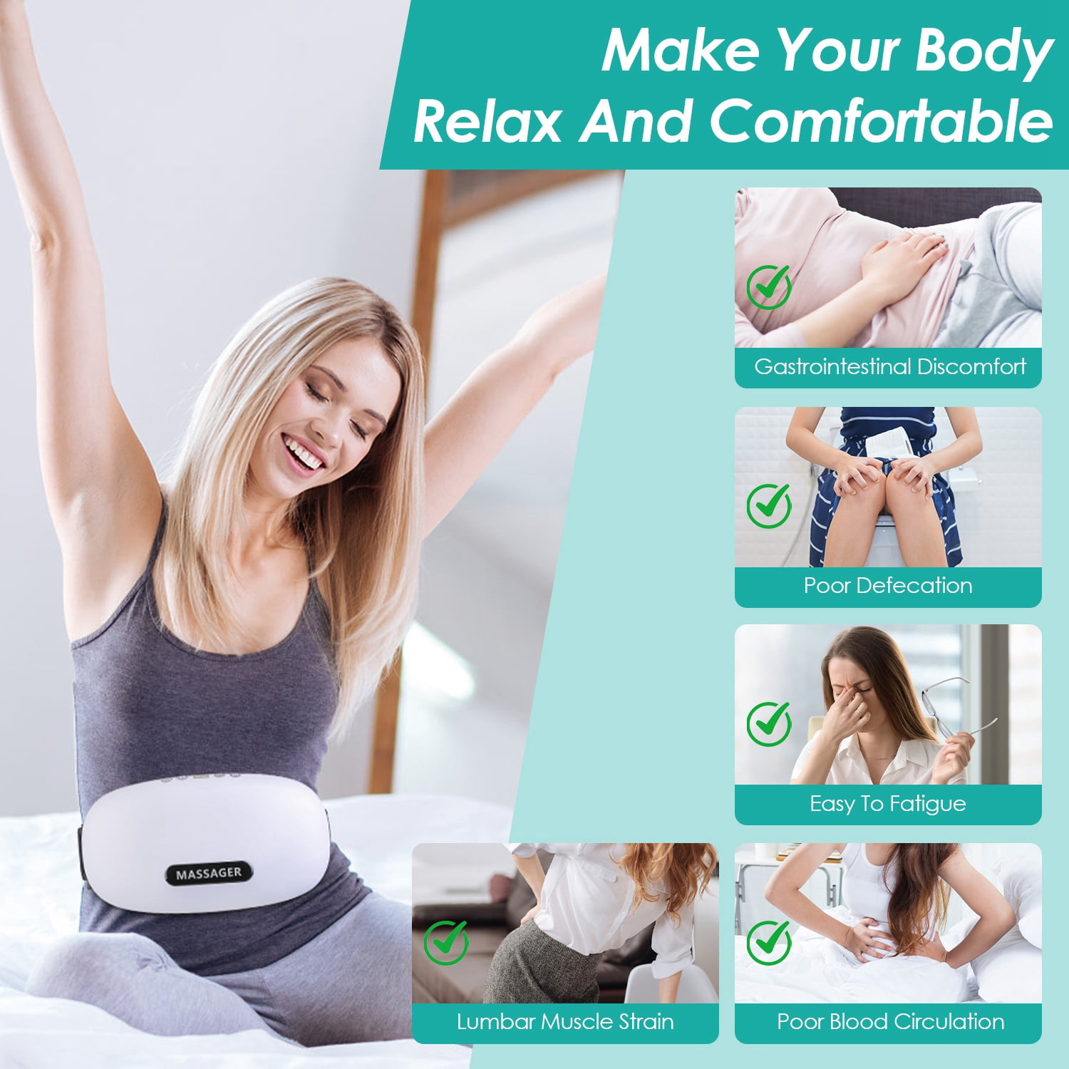 Stone Abdominal Massager - Dual Rotating Heads with 6 Red Lights, 5 Modes 3 Speeds 3 Heat Settings, 2500mAh Rechargeable, Adjustable Belt for Menstrual/Bloating Relief