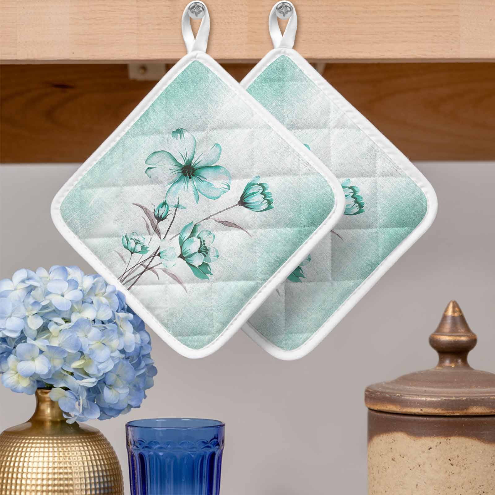 Turquoise Flowers Pot Holders for Kitchen Heatproof Potholder, 3 Pack Farmhouse Gradient Floral Plants Hot Pads Multipurpose Oven Pads Cloth Potholders Trivet for Cooking Baking
