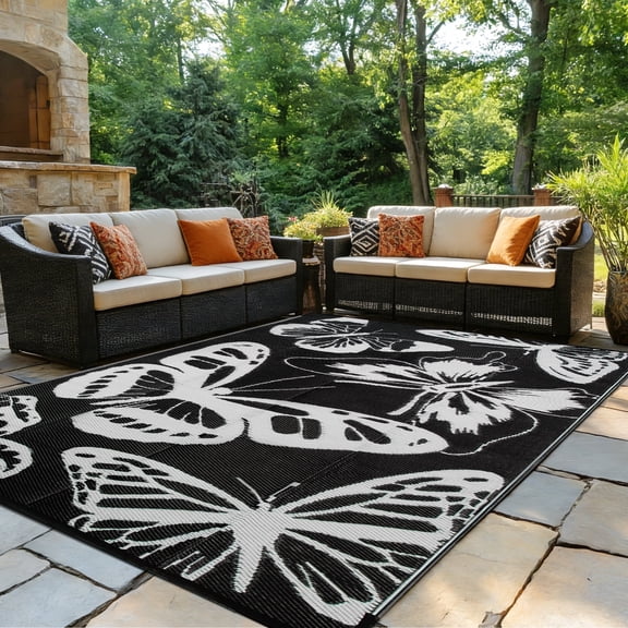 Kzaei Waterproof Outdoor Rug, 8'x10' Reversible Plastic Camping Area Rugs, Black & White