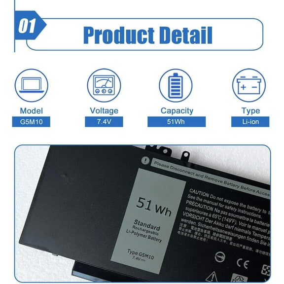 Emery TECH G5M10 Battery for Dell Latitude E5450 E5550 P48G001 Series Laptop 0WYJC2 8V5GX R9XM9 WYJC2 1KY05 451-BBLN 080-854-0066 TXF9M 7V69Y 7.4V 51Wh/6800mAh 4-Cell
