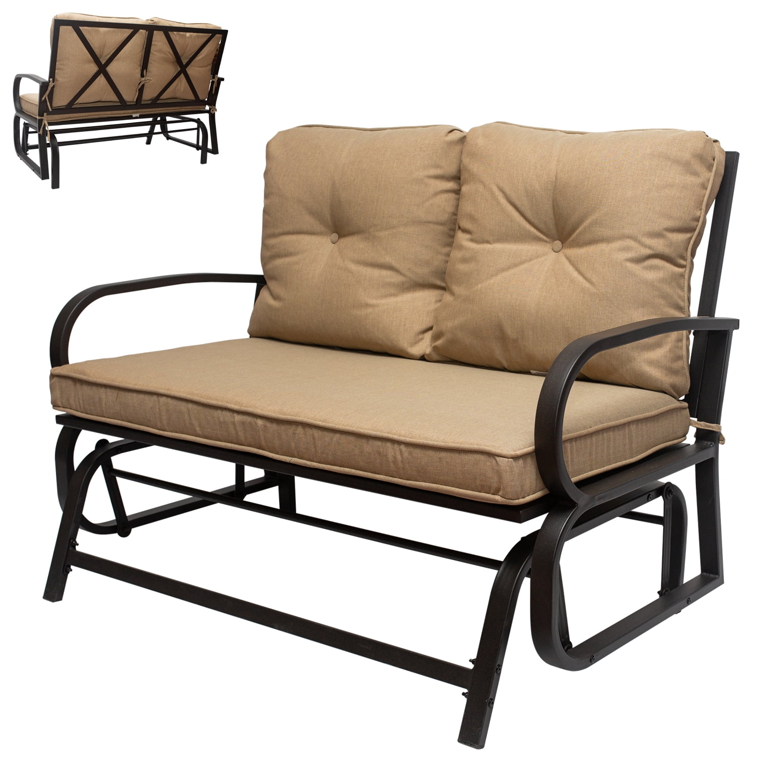 2 Person Rocking Seating Patio Swing Chair,Outdoor Swing Glider Rocking Chair Patio Bench Garden Loveseat Seating Patio Steel Frame Chair Set with Cushion Beige Patio Glider Bench Loveseat 