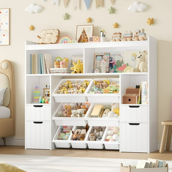 Homfa Kids Toy Storage Organizer with Removable Bin, Kids Bookshelf and Bookcase Toy Box with Drawers for Playroom, Classroom, White