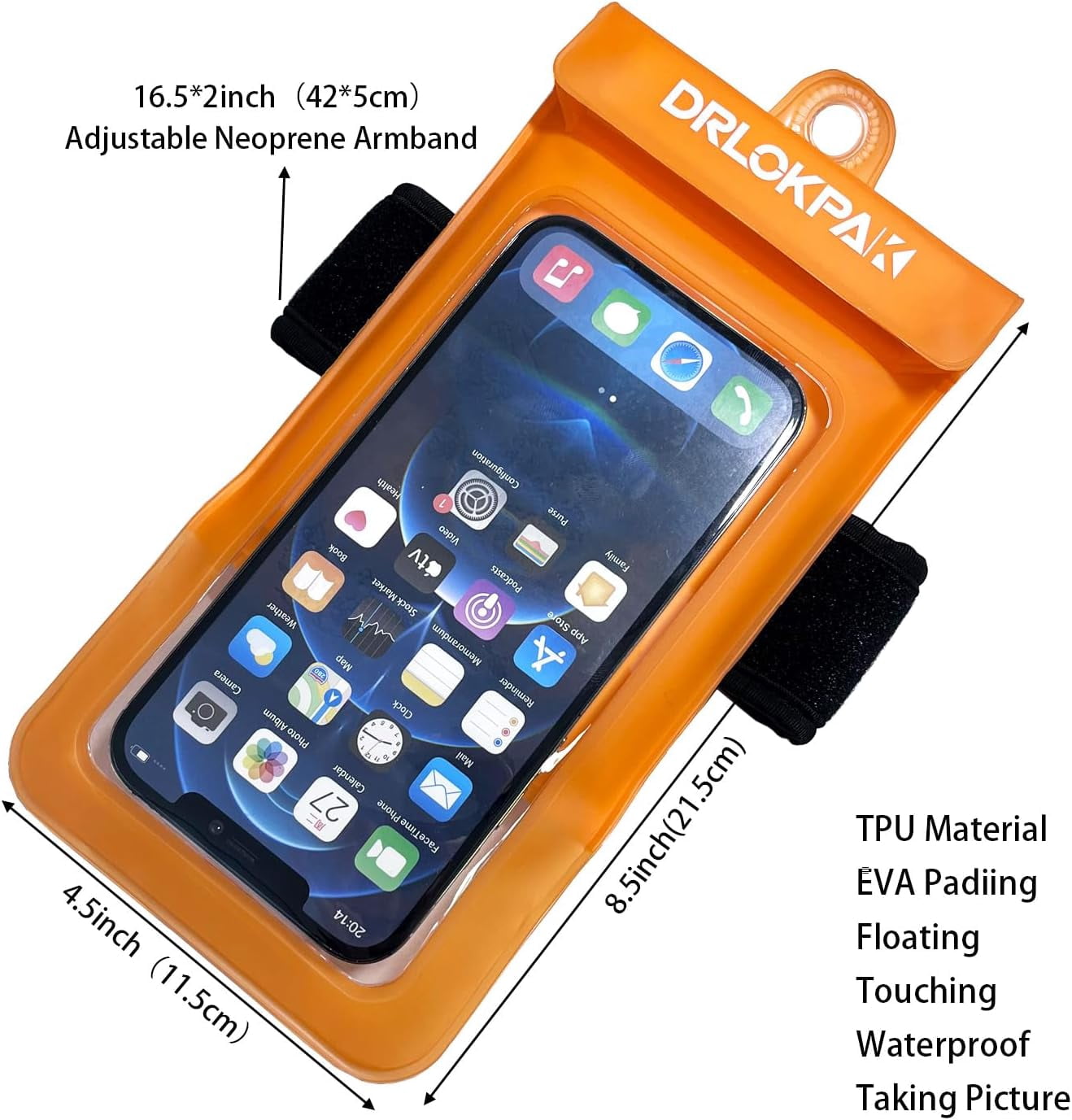 Waterproof Phone Case Armband Surfing Dry Bag Floating Waterproof Pouch Holder for iPhone 15 14 13 12 Pro Max XS Plus Se Galaxy S23 + Ultra W24 Google LG Phone up to 7inch (Orange)
