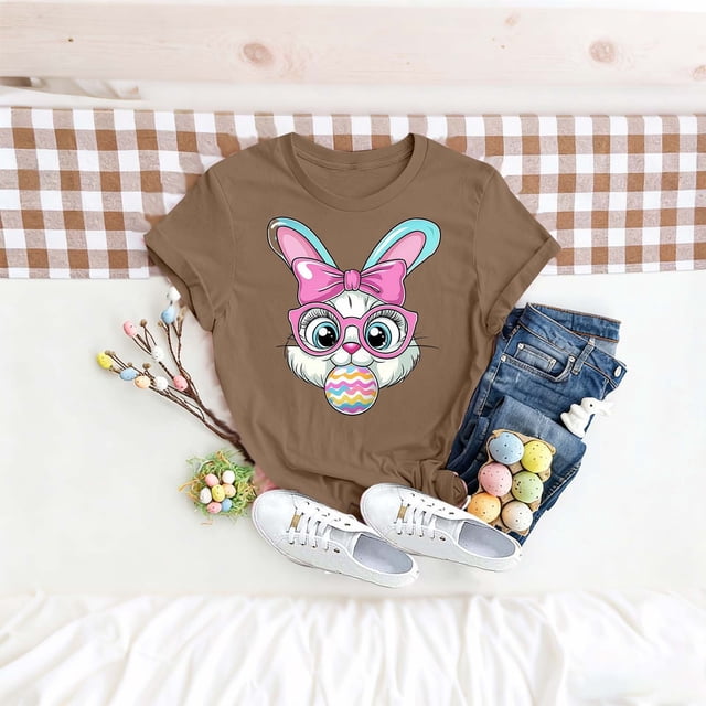 TaTaai Women's Cotton Easter Graphic T-Shirt Short Sleeve Crew Neck Loose Fit Casual Summer Chic Tee Family Daily Work Vacation Gift