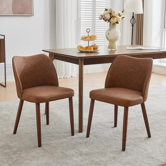 Dining Chair Set of 2, Leather Upholstered Dining Chair with Wood Legs, Wing Backrest, Wooden Kitchen Chair, Kitchen Chairs with Thick Cushions for Dining Room, Living Room, Brown