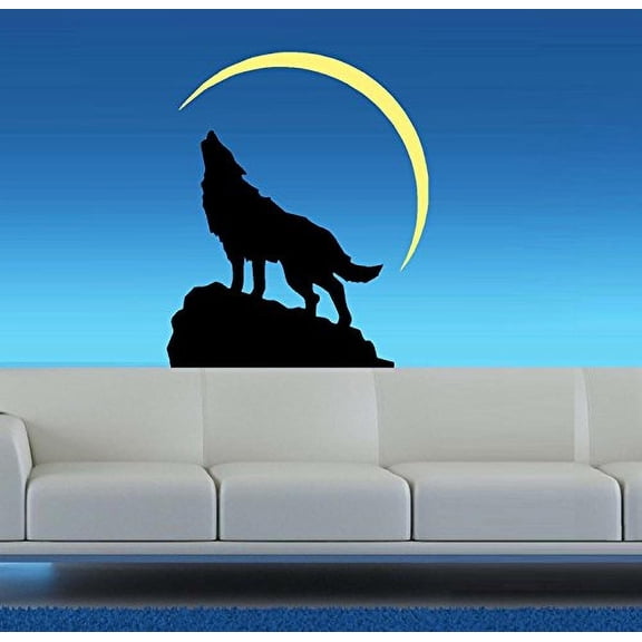 Decal ~ Wolf Howling at Moon: Wall or Window Decal ~ Choose Wall or Auto (Wall 22" x 26", Black / Yellow Moon)