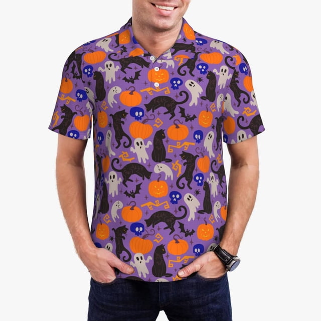 Balery Halloween Black Cats Camisa Polo de Hombre con Estampado, de Manga Corta y Tejido Medio, Camisa Tipo Golf Polo-4X-Large