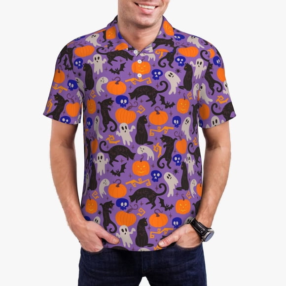 Saiise Halloween Black Cats Print Mens Golf Shirt Moisture Wicking Quick-Dry Print Performance Polo Shirts for Men-X-Large