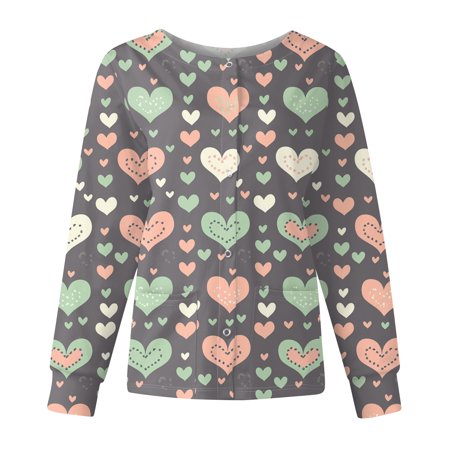 Valentine Day Scrub Tops for Woman Single Breasted Short Sleeve Nursing Scrubs Love Heart Print V Neck Medical Plus Size Uniforms with Pockets Gray S
