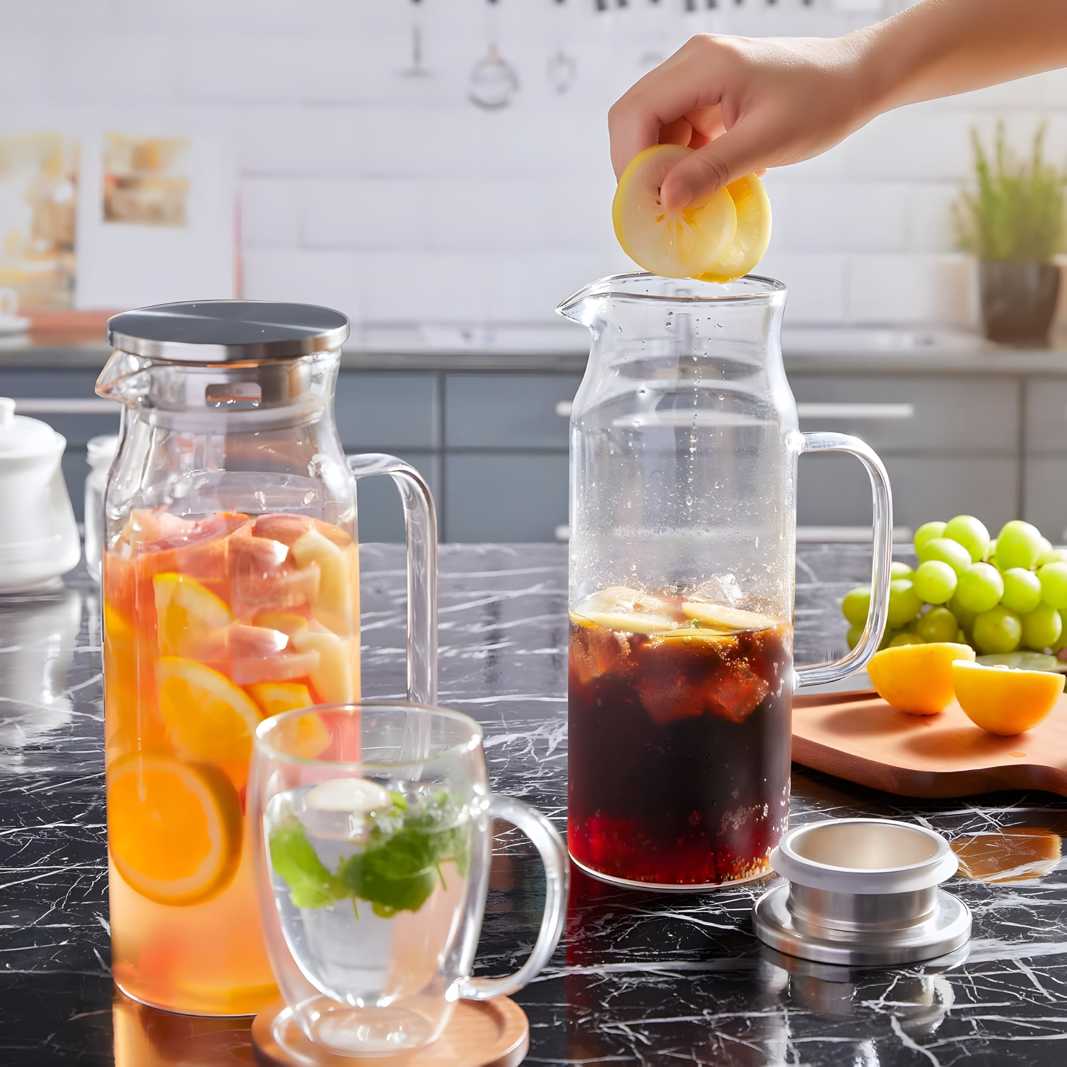 ACDANC 1.6 Liter 54 Oz Glass Pitcher with Lid and Handle,Glass Carafe Water Pitcher for Hot/Cold Water,Iced Tea,Drinks,Coffee,Juice and Homemade Beverage