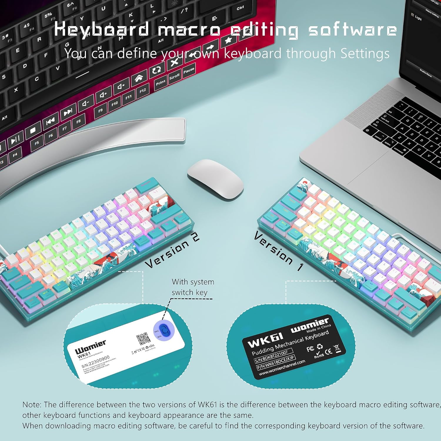 WK61 Wired Gaming Keyboard, 60% Percent RGB Backlit Mechanical Keyboard Gasket Mount with PBT Keycaps, Compact 61 Keys Hot Swappable Cream Switch, for Windows Laptop PC Mac, Blue