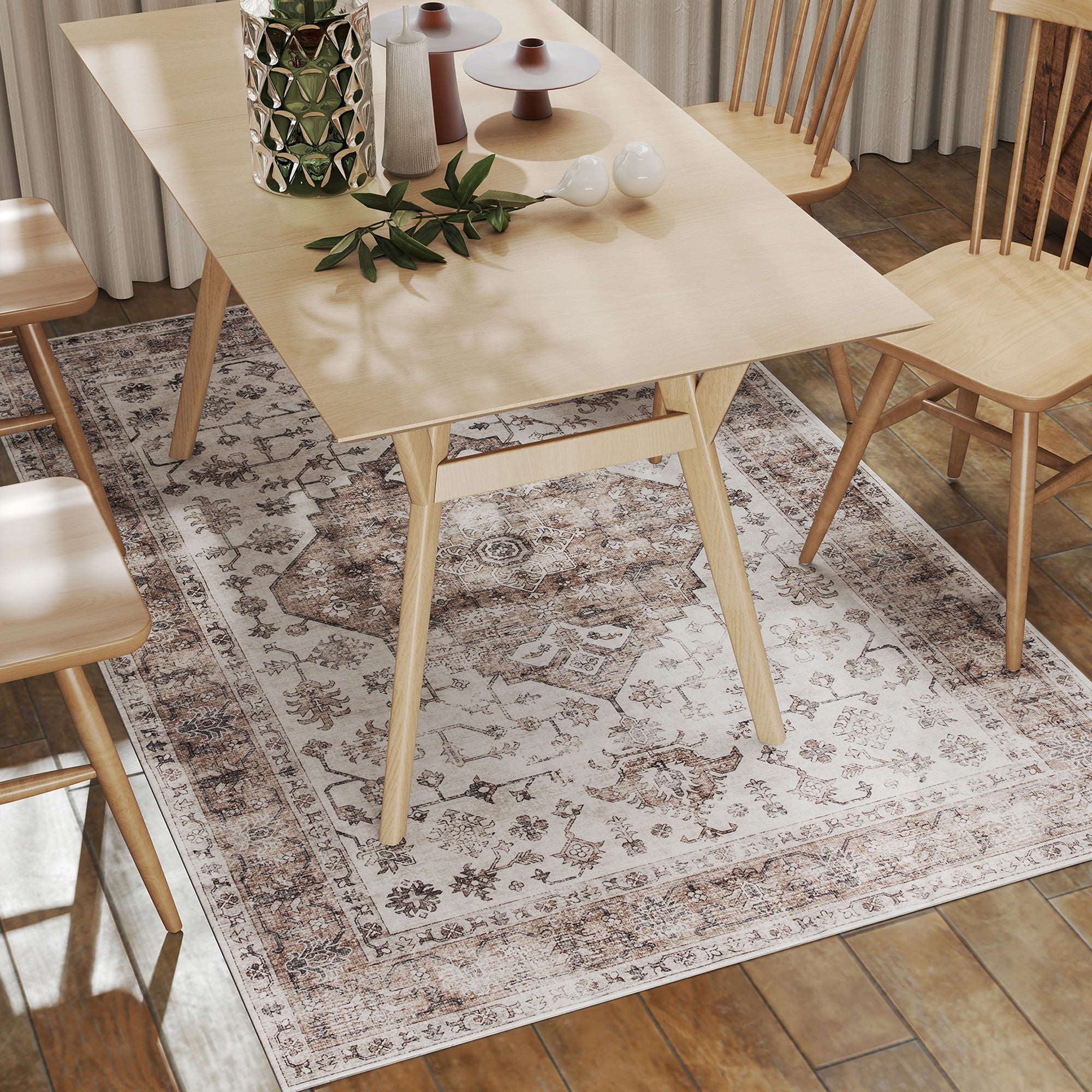 HOMCOM 4x6 Area Rug, Vintage Machine Washable Rug, Non-Slip Distressed Floor Carpet for Living Room, Bedroom, Dining Room, Home Office, Tan