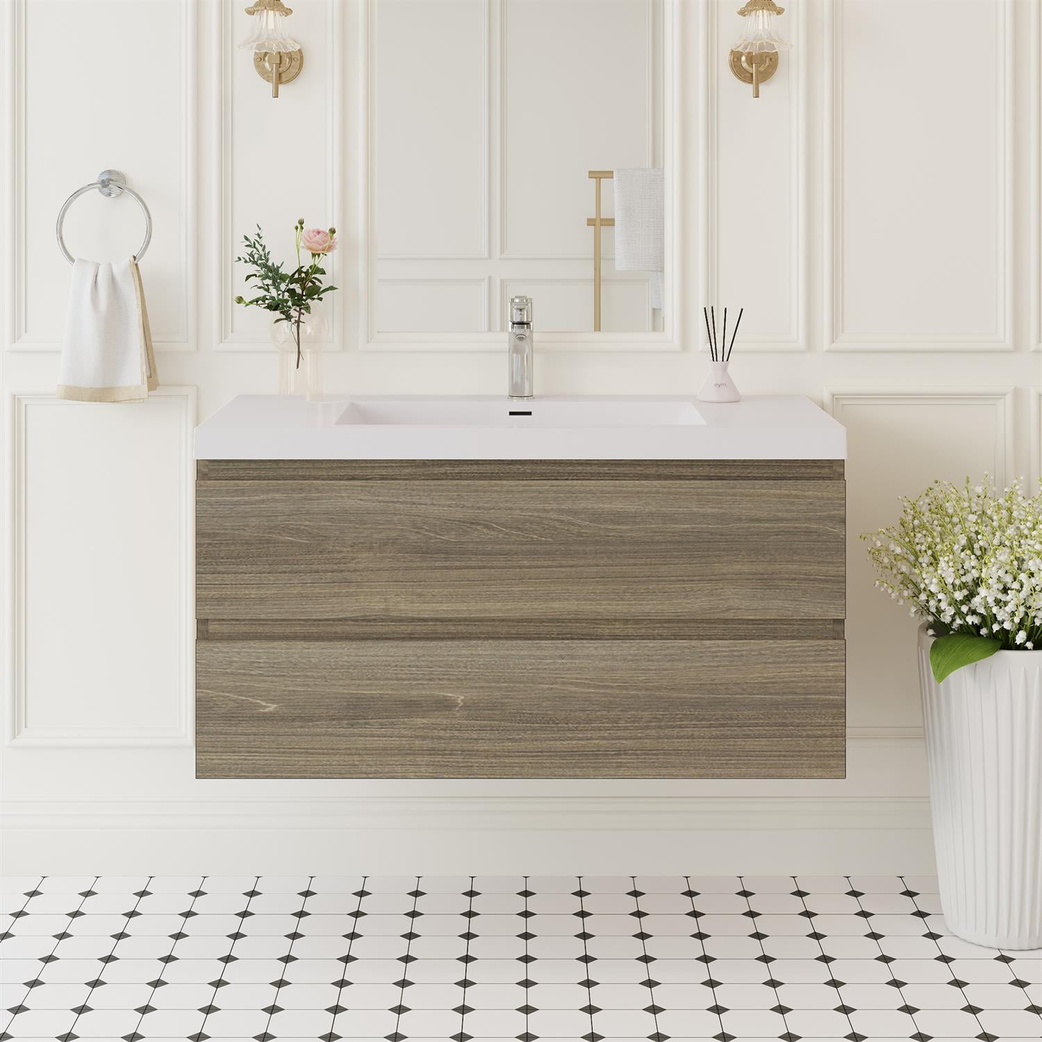 Demi Bonn 42" Floating Bathroom Vanity with Sink, Resin Top Basin and 2 Soft Close Drawers, Faucets and Drains Not Included, Gray