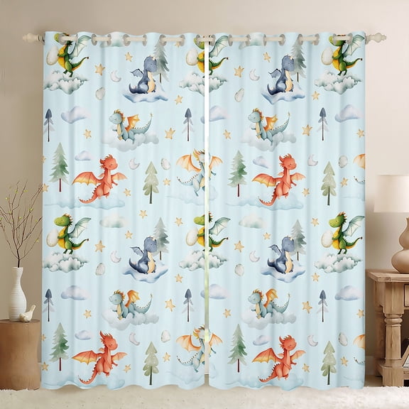 Feelyou Magic Dragon Teens Curtains Pack of 2 (42x84 Each), Kawaii Dino Animal Blue Curtains Blackout, Cartoon Cloud Stars Bedroom Curtains, Living Room Curtains Decor