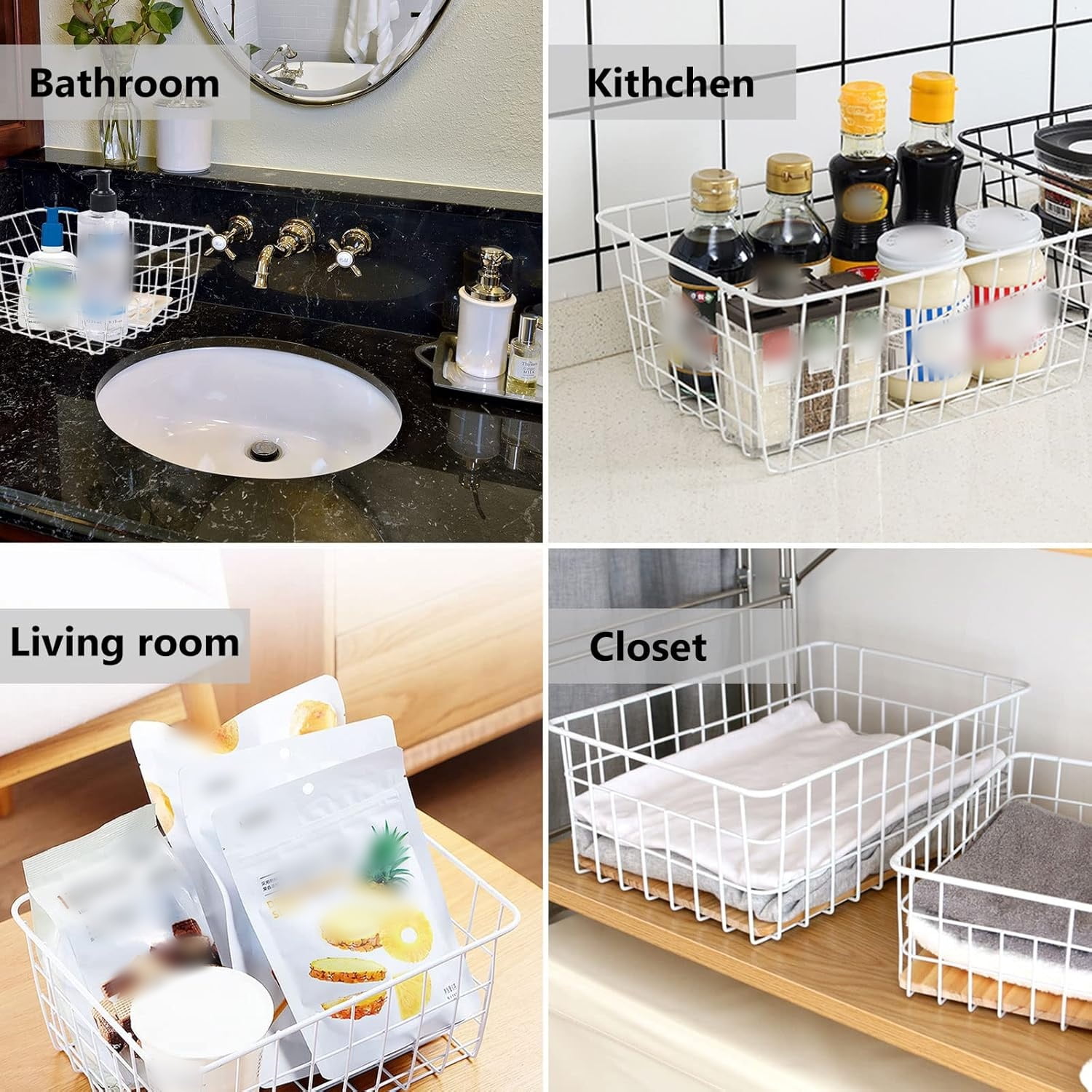 Manss 2 pcs Freezer Storage Baskets, White Wire Storage Bins Small Basket for Freezer, Pantry, Bathroom Organizing,White