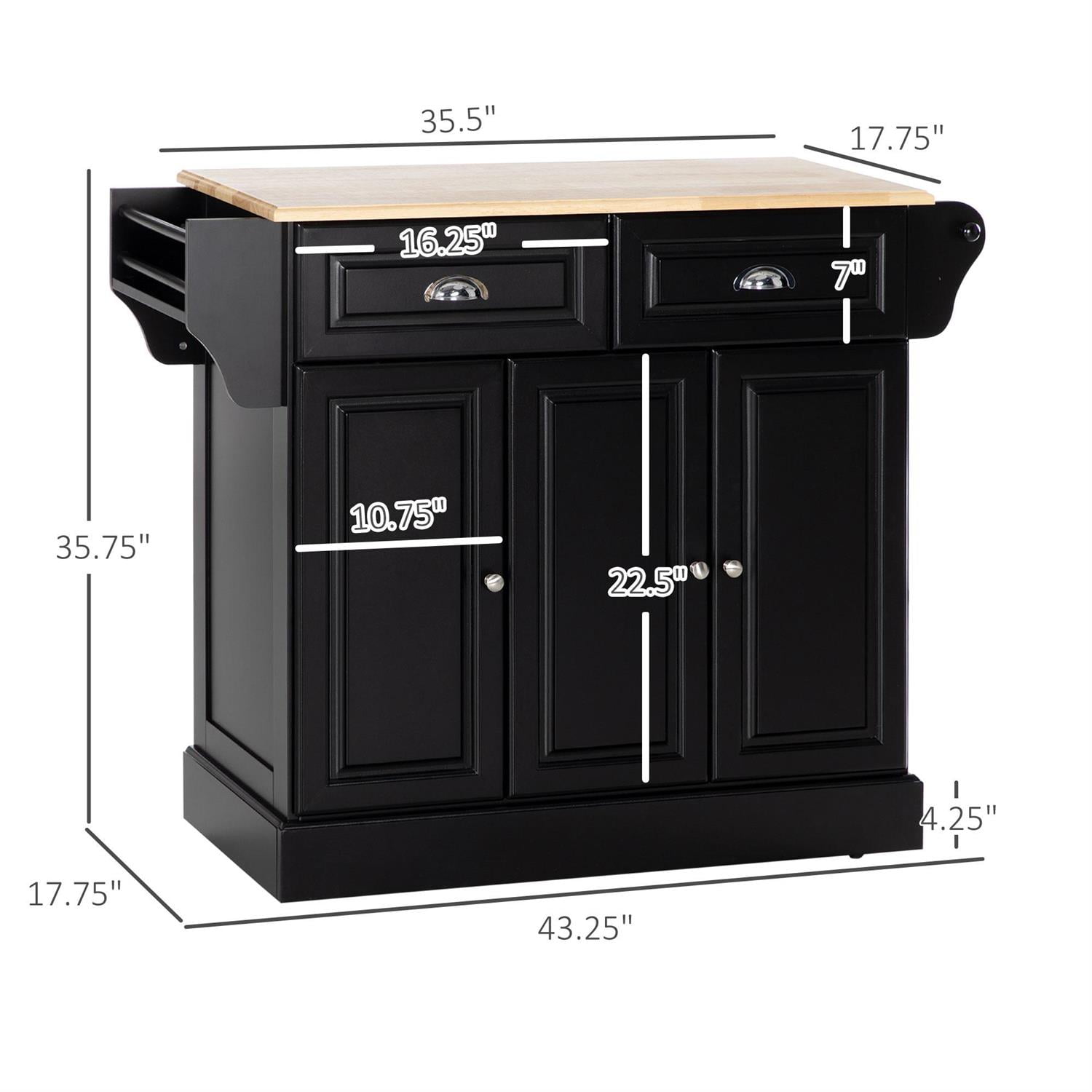 Demi Bonn 43" Kitchen Storage Cabinet with Wheels and Drawers, Triple-Cabinet Design for Modern Homes, Utility Cart Functionality, Black