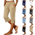 thumbnail image 6 of LoTiSee Women Wide Fold Elastic High Waist Straight Capri Pants, Soft Cotton Linen Blend Slit Hem Casual Mid Length Trousers With Side Pockets, 6 of 6