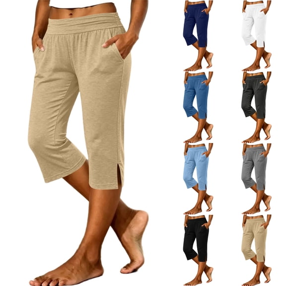 HKYNLAG Linen Capris for Women Petite Knee Length Pull On Capris Pants Loose Fit Cotton Drawstring Straight Leg Casual Pants Khaki M