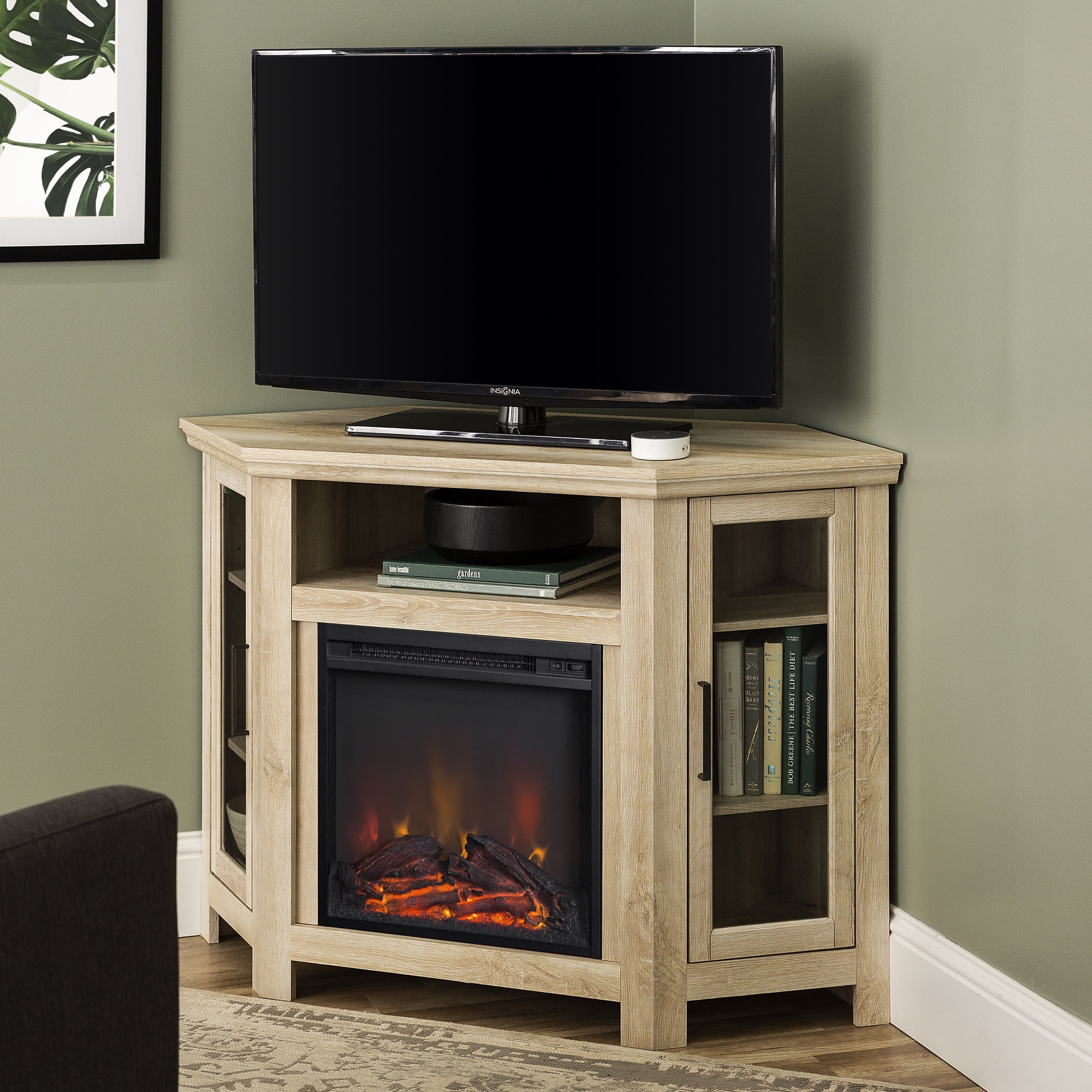 White Oak Corner Fireplace Tv Stand For Tvs Up To 50”